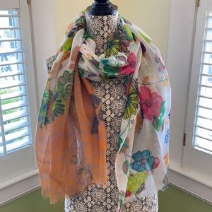 Lightweight Rectangular Floral Bright Orange Pink Green Neon Scarf Wrap Sarong